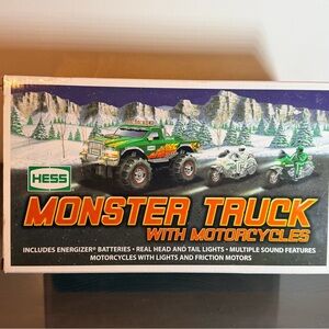 NIB Hess Green Monster Truck with Motorcycles